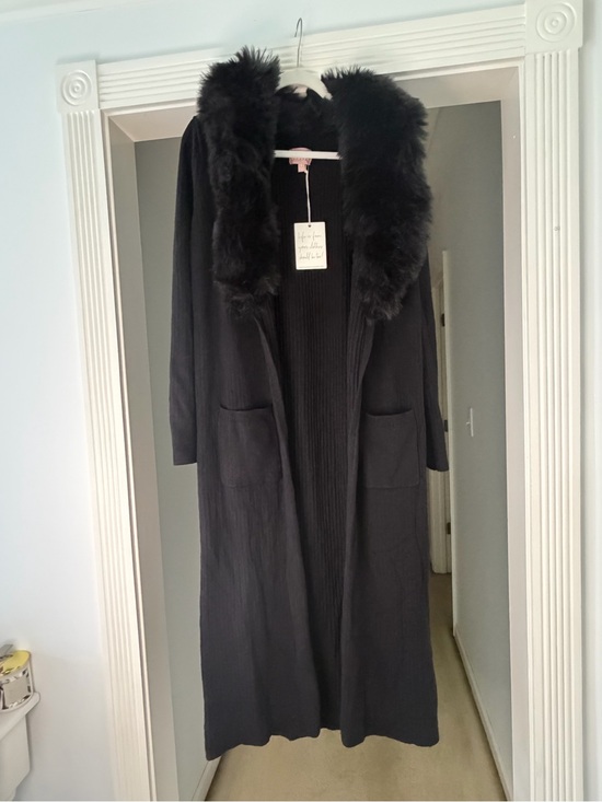 Show Me Your MuMu Jackets & Blazers - Show Me Your Mumu Black Faux Fur-Trimmed Coat Lombardi Long Cardigan